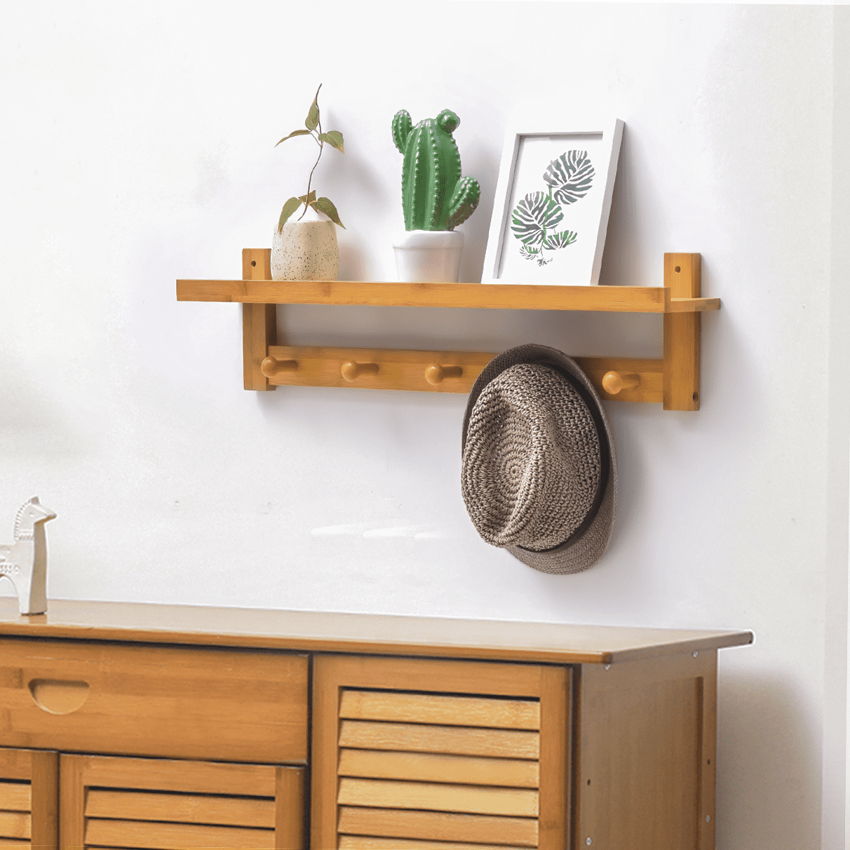 MoNiBloom Bamboo 5 Hooks Wall Mounted， Modern Hat Coat Hanger Rack， with Display Shelf， Natural， for Home