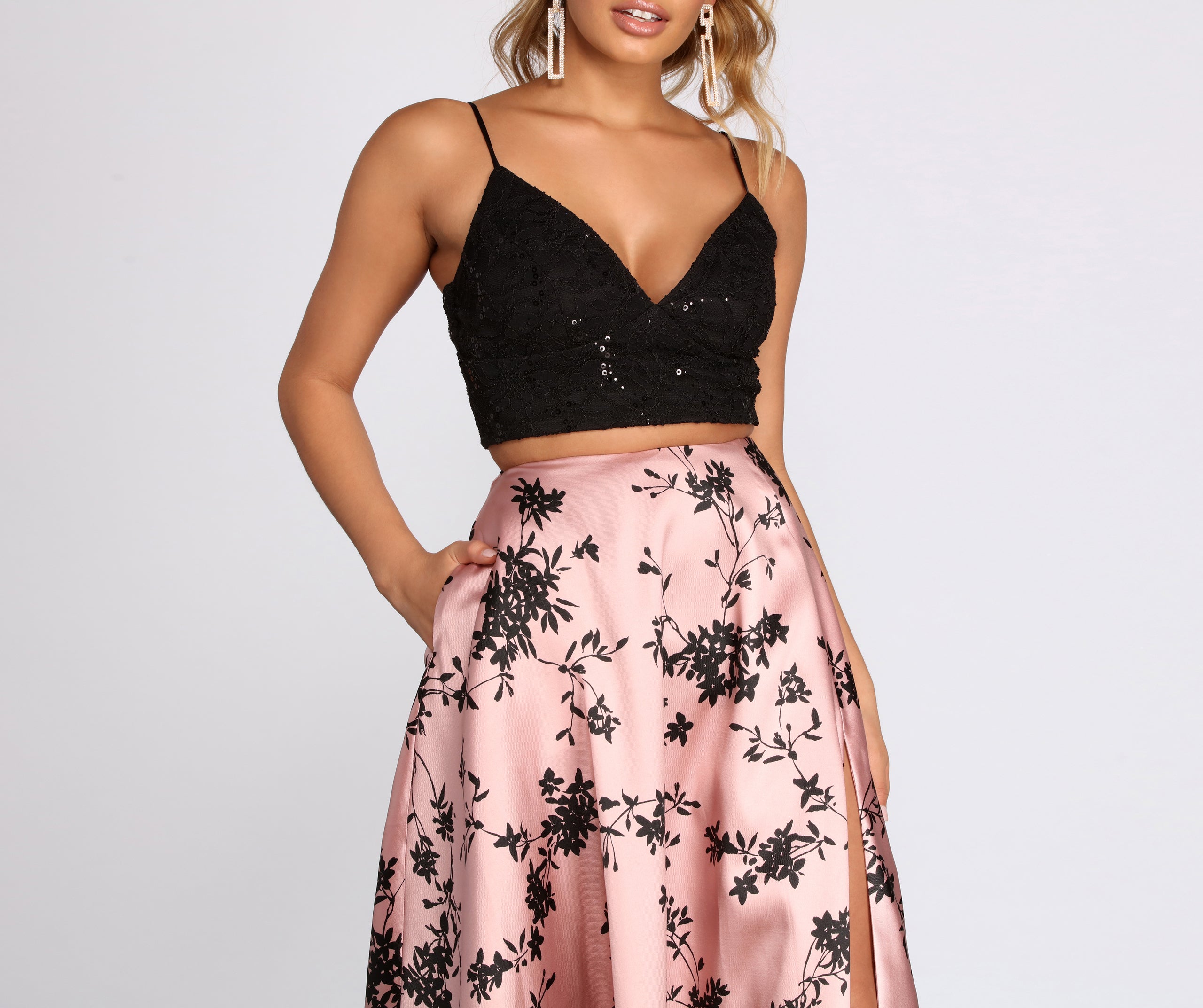 Calla Two Piece Sequin Lace Satin A Line Dress