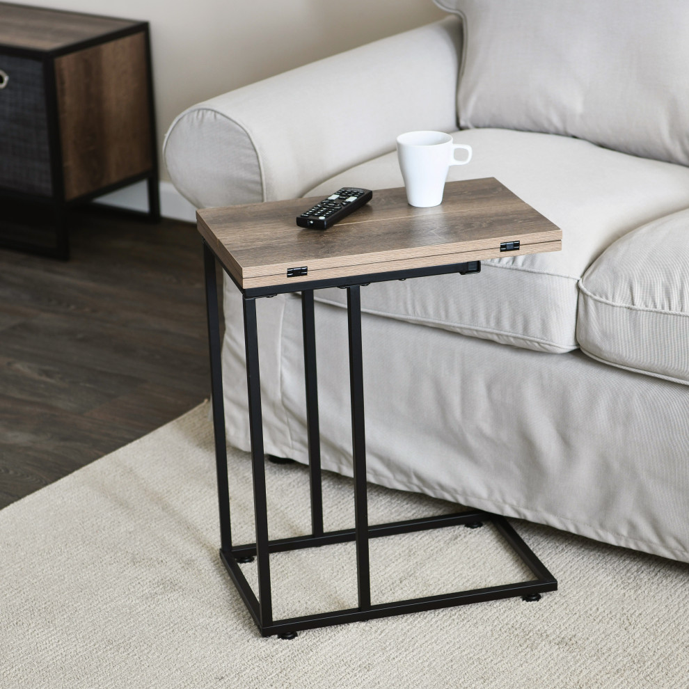 Extendable C Shaped for Accessiblity Side End Table Ashwood Rustic  Black Metal   Industrial   Side Tables And End Tables   by Household Essentials  Houzz