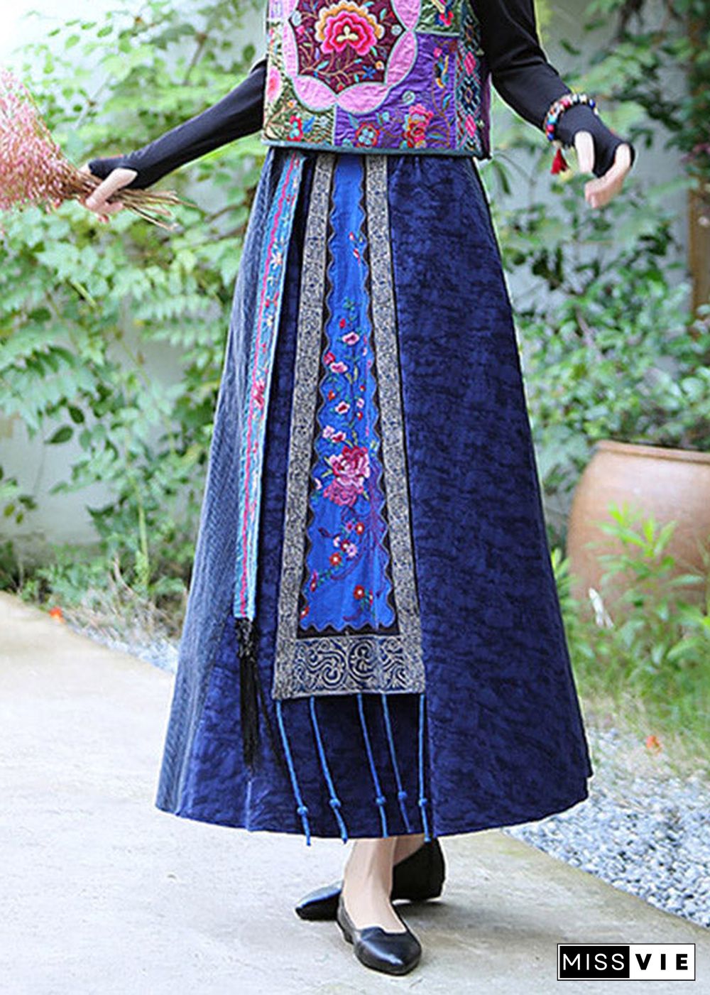 Blue Patchwork High Waist Tassel Maxi Skirts