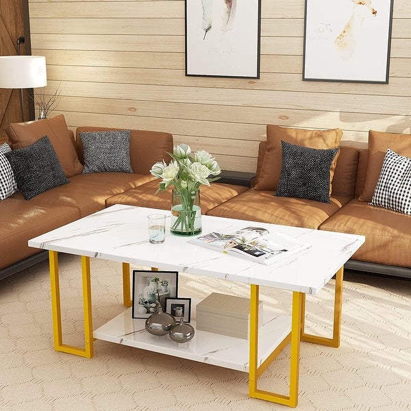 Mieres 39'' Wide 2-Tier Faux Marble Top Coffee Table with Steel Frame