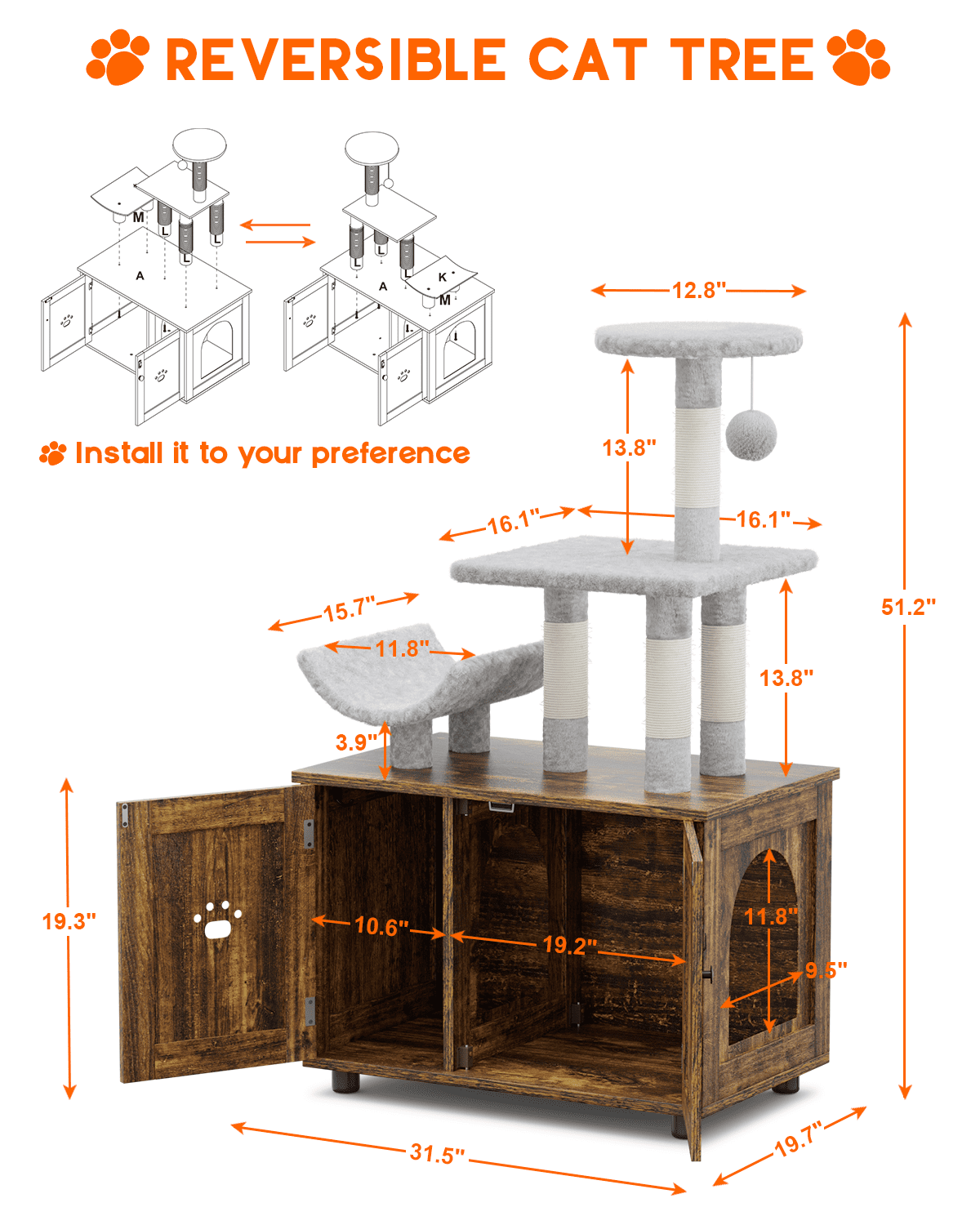 Lulive Cat Tree with Cat Litter Box Enclosure， All-in-one Cat House with Platform Scratching Post Condo， Brown