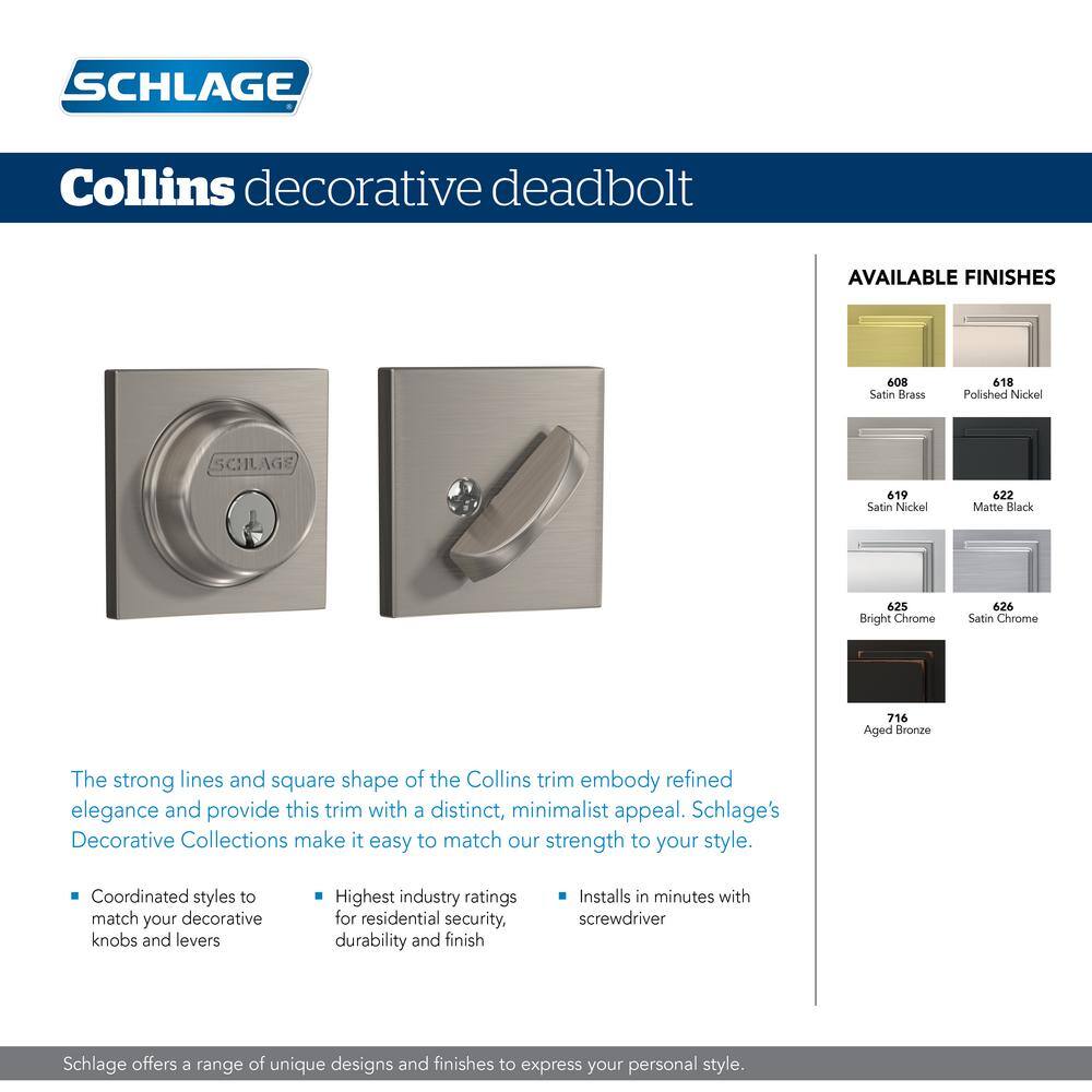 Schlage B60 Series Collins Satin Nickel Single Cylinder Deadbolt Certified Highest for Security and Durability B60 N G COL 619