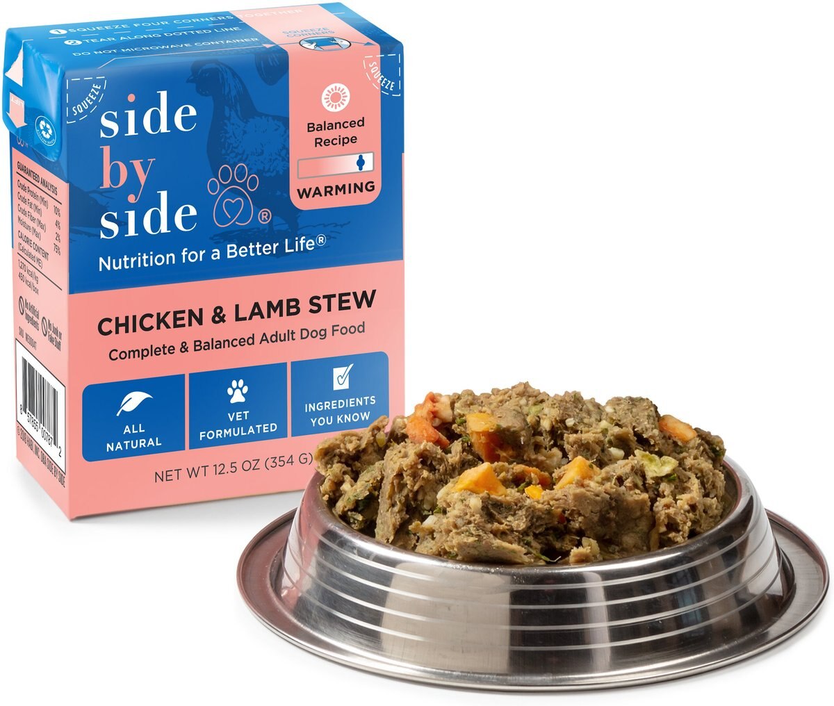 Side By Side Warming Complete and Balanced Chicken and Lamb Stew Wet Dog Food， 12.5-oz box