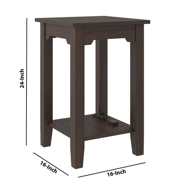 Wooden Side End Table with 2 USB Ports and Power Cord， Dark Brown