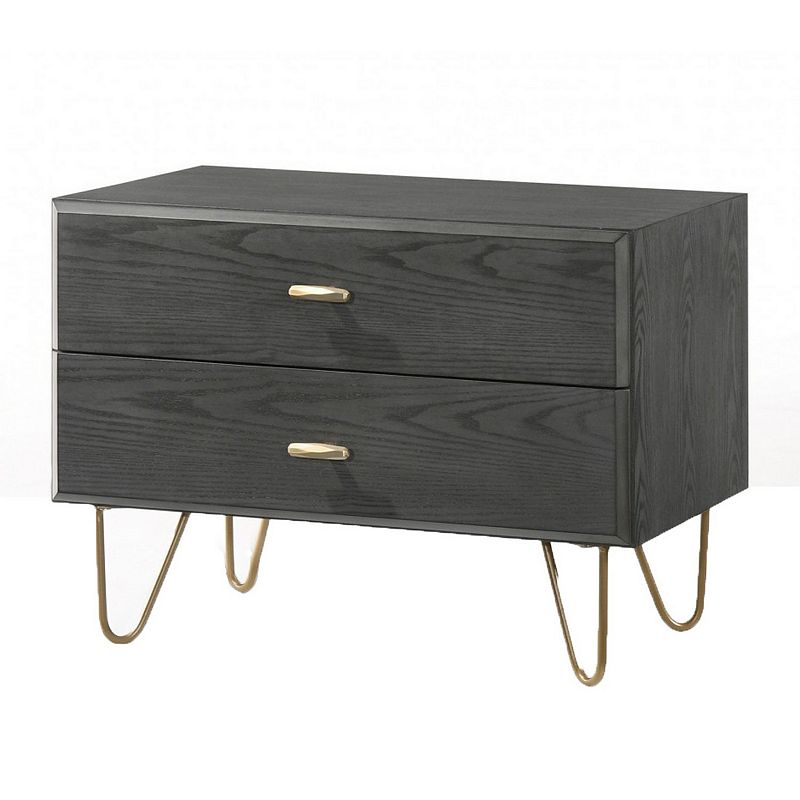 2 Drawer Wooden Nightstand with Hairpin Metal Legs， Gray and Gold