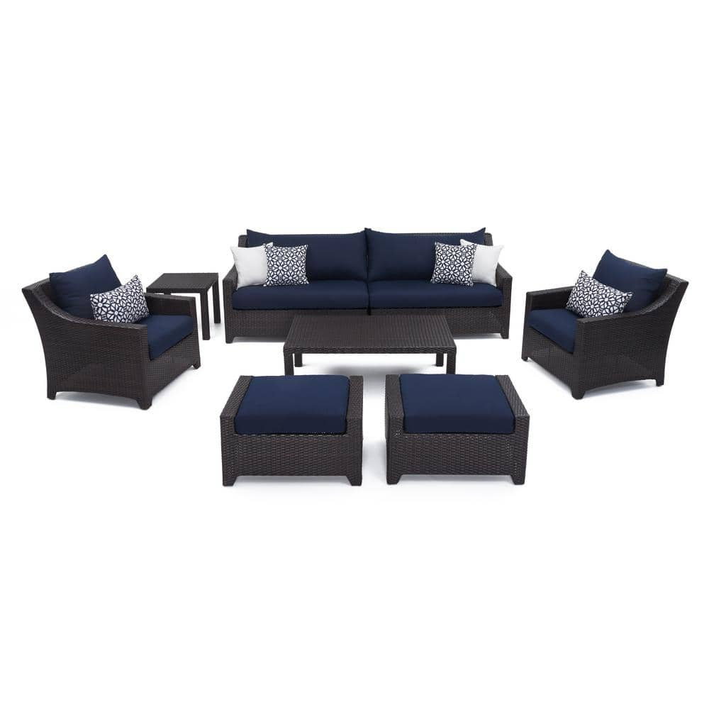 RST BRANDS Deco 8-Piece All-Weather Wicker Patio Sofa and Club Chair Deep Seating Set with Sunbrella Navy Blue Cushions OP-PESS7-NVY-K