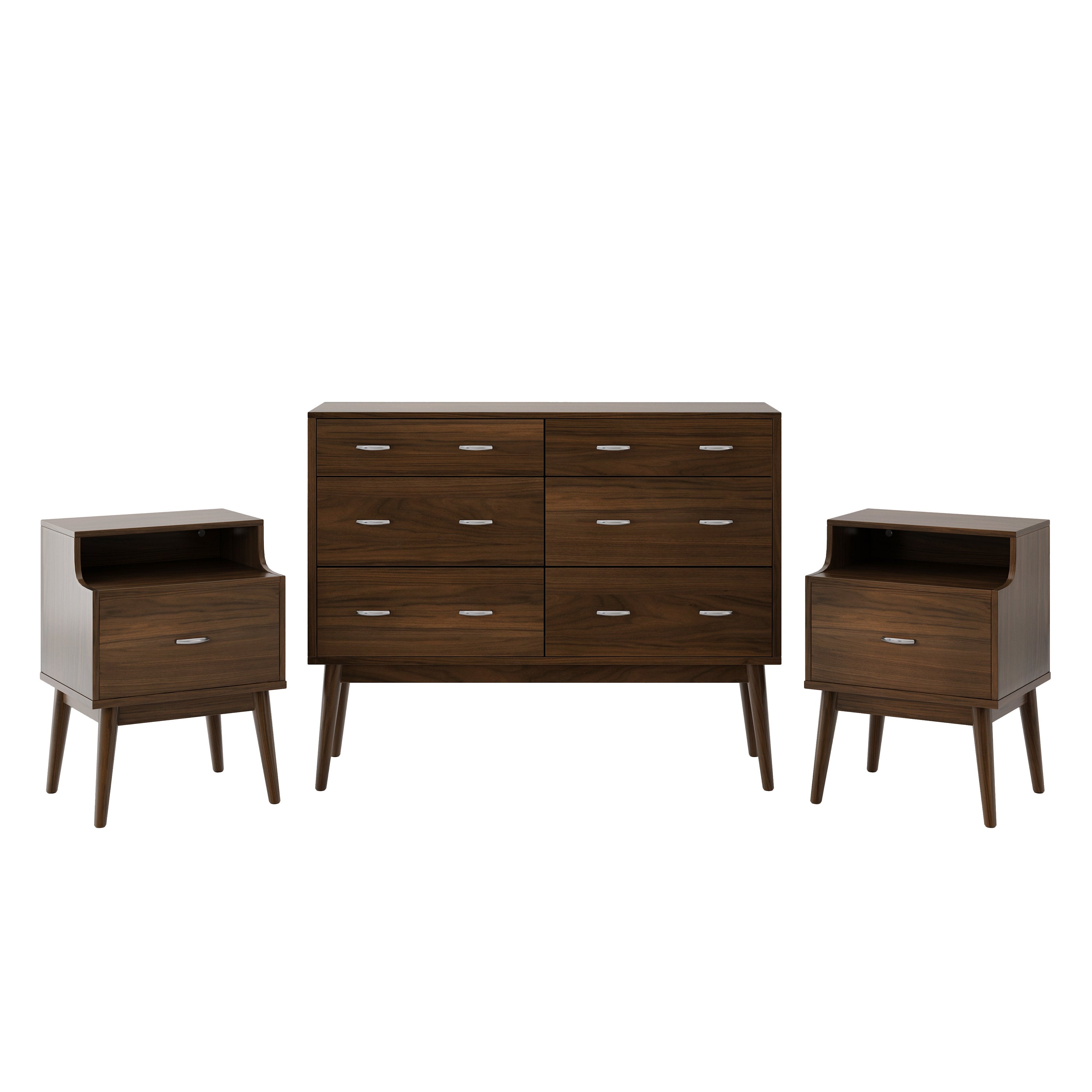 Wilbur Mid Century Wooden 3 Piece Double Dresser and Nightstand Bedroom Set