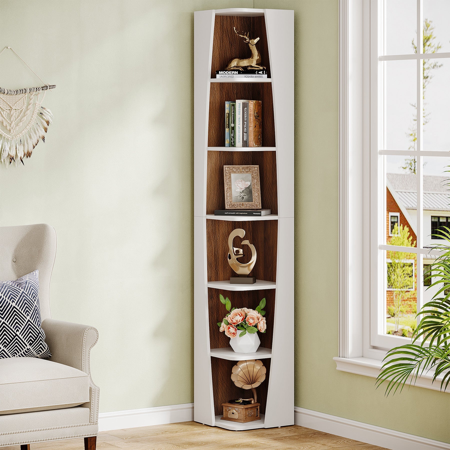 70.9 Corner Bookshelf, 6-Tier Bookcase Display Shelves with Storage