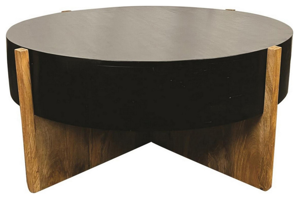 Oza 39 quotRound Coffee Table  Distressed Top  Crossed Base  Rich Brown   Rustic   Coffee Tables   by VirVentures  Houzz