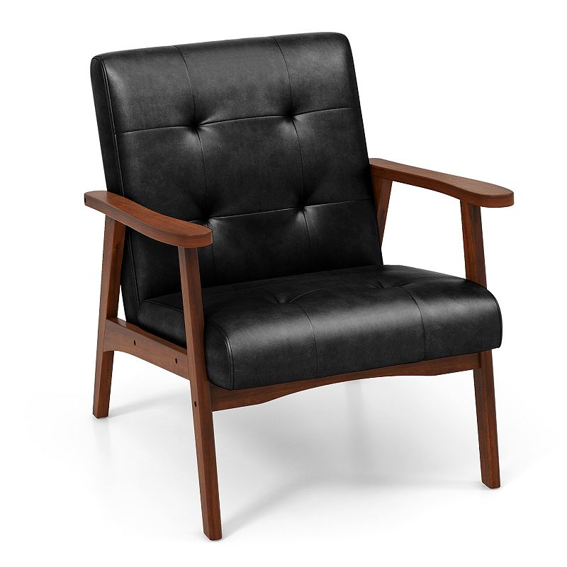 Mid Century Modern Accent Chair With Solid Rubber Wood Frame And Leather Cover