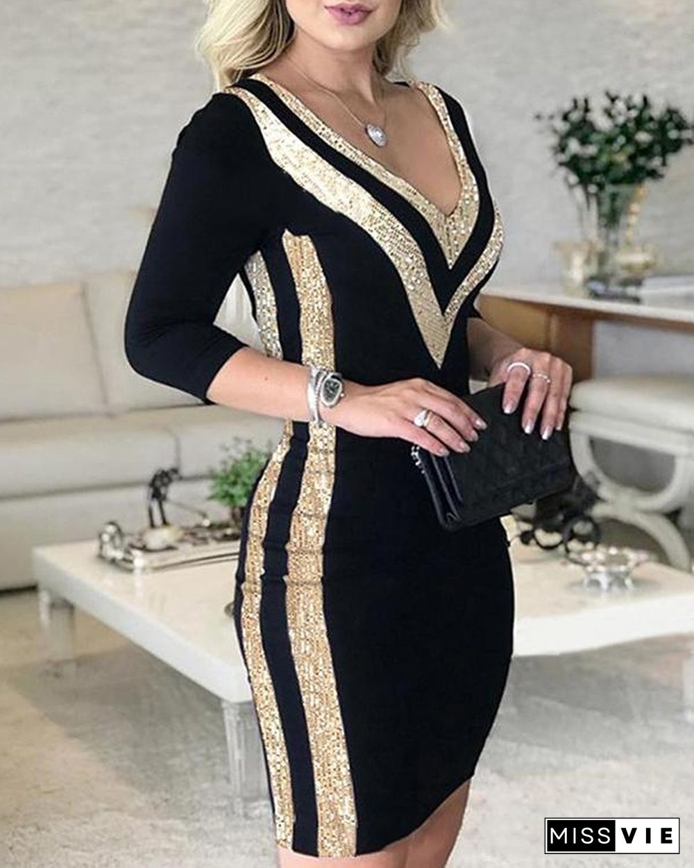 Sequins Long Sleeves Bodycon Above Knee Elegant Dresses