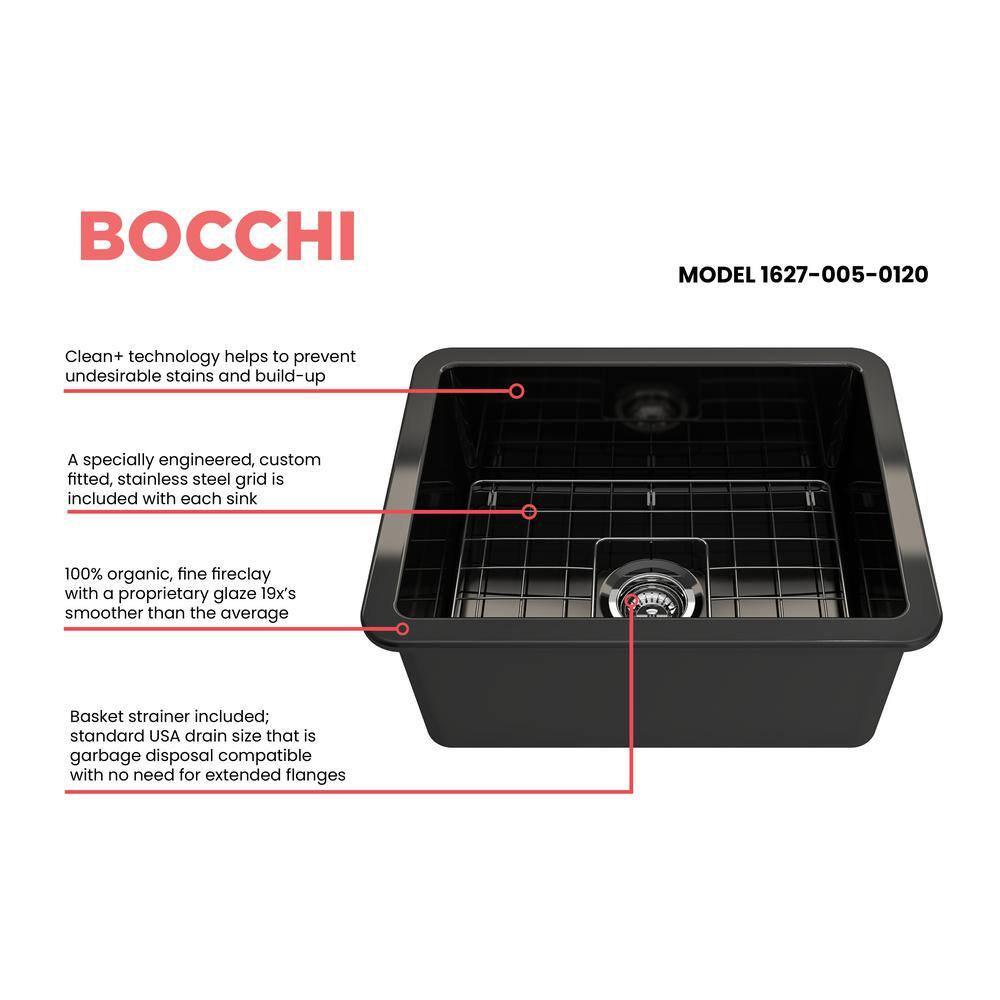 BOCCHI Sotto Black Fireclay 24 in. Single Bowl UndermountDrop-In Kitchen Sink wProtective Bottom Grid and Strainer 1627-005-0120