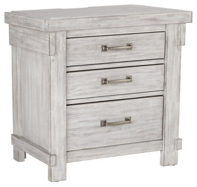 Signature Design by Ashley Brashland Farmhouse 3 Drawer Nightstand with Dovetail Construction, 2 Electrical Outlets & 2 USB Charging Ports, Textured White