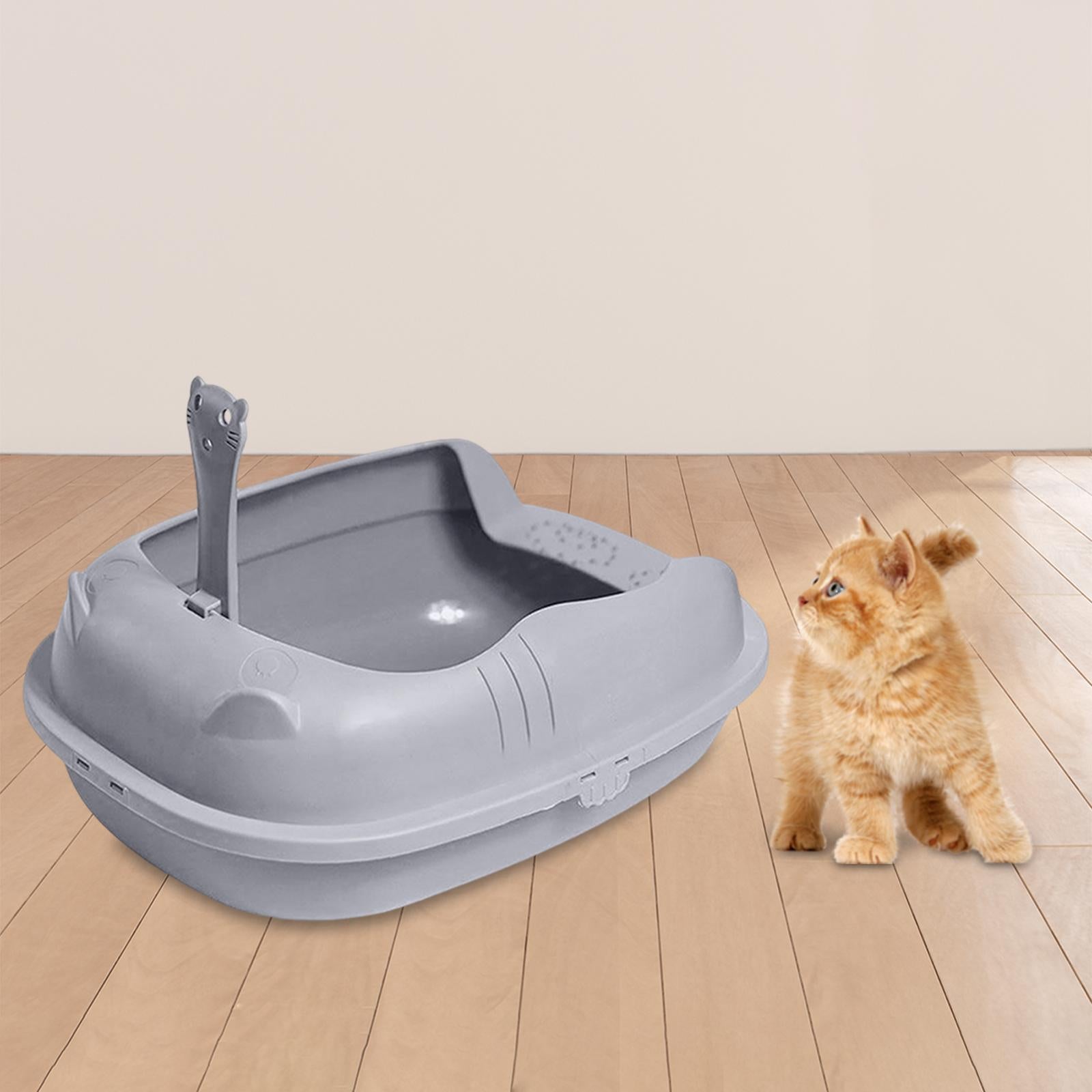 Cat Litter Box Bedpan Sand Box Container Durable Toilet Semi Enclosed Splashproof Cat Litter Tray for Rabbits， Cats， Kitty ， Gray