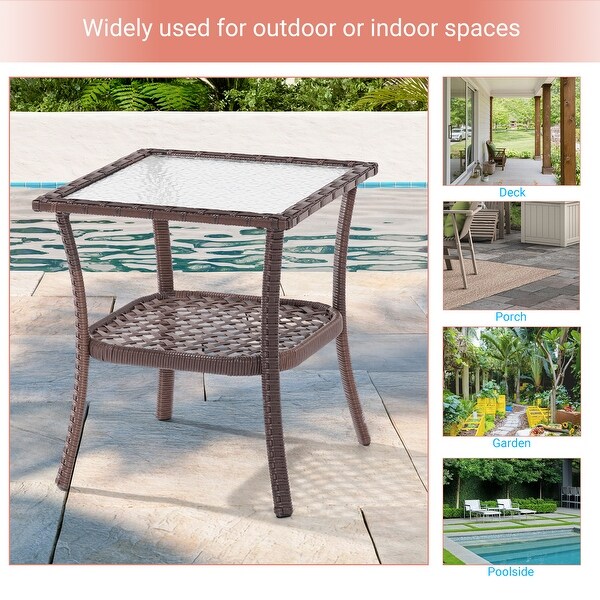 AOOLIMICS Outdoor Brown Square PE Wicker Corrugated Glass Side Table