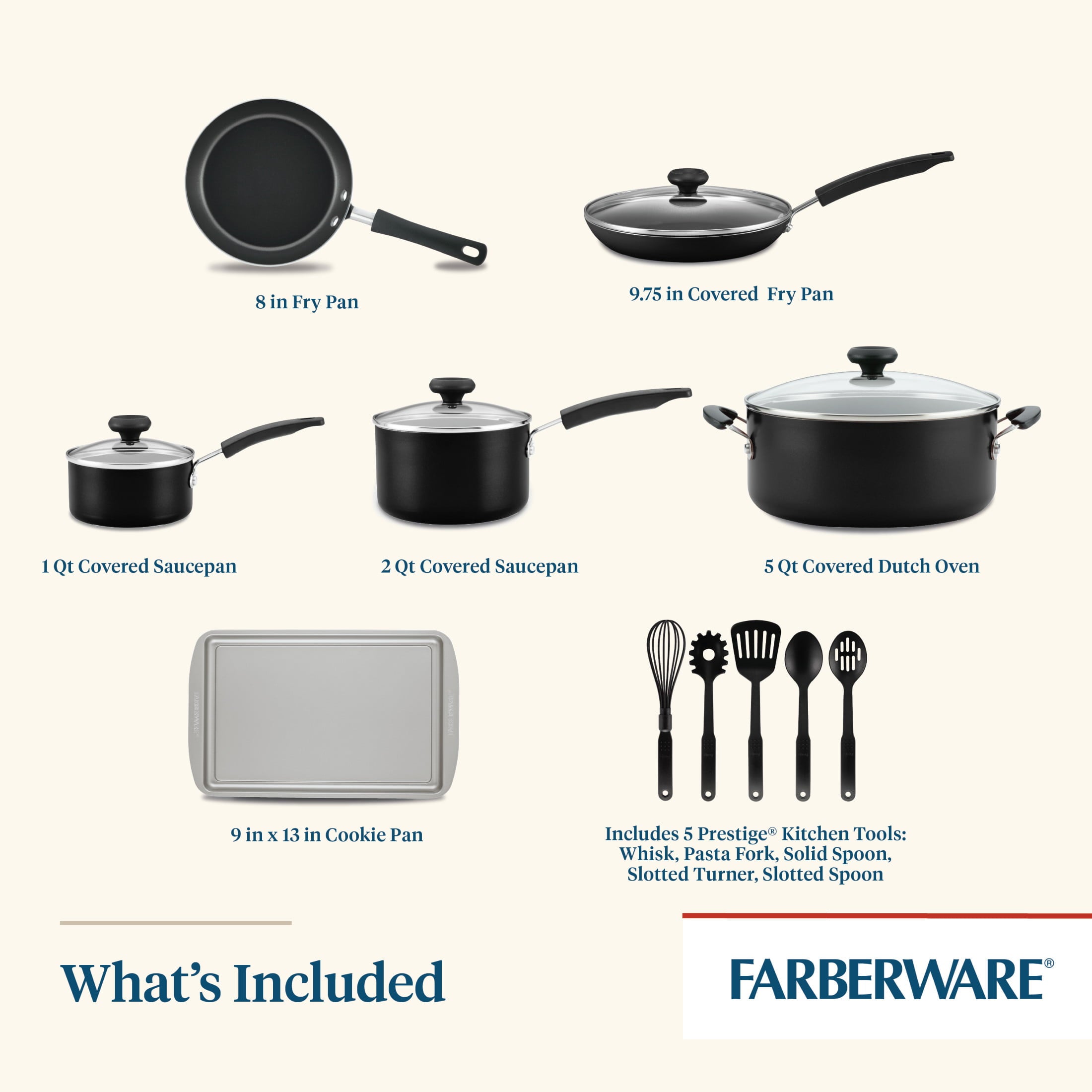 Farberware 15-Piece Easy Clean Aluminum Nonstick Pots and Pans Set/Cookware Set, Black