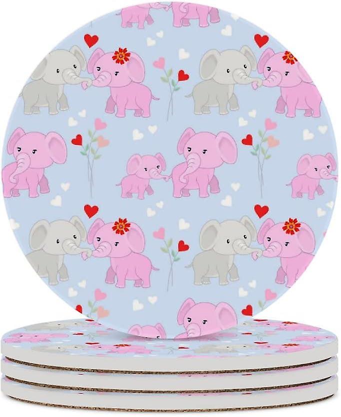 1pc Round Cute Cartoon Elephants And Heart Shape Ceramic Coasters With Cork-backed For Coffee Drink Cup Mat Absorbent Stone Coasters