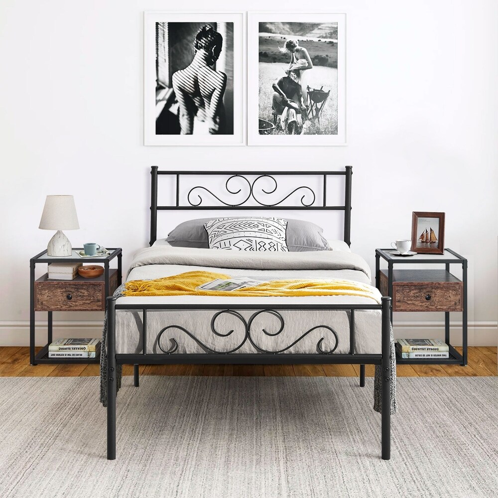 Tamika 3 pieces Metal Bed Frame Tempered Glass Nightstands Set