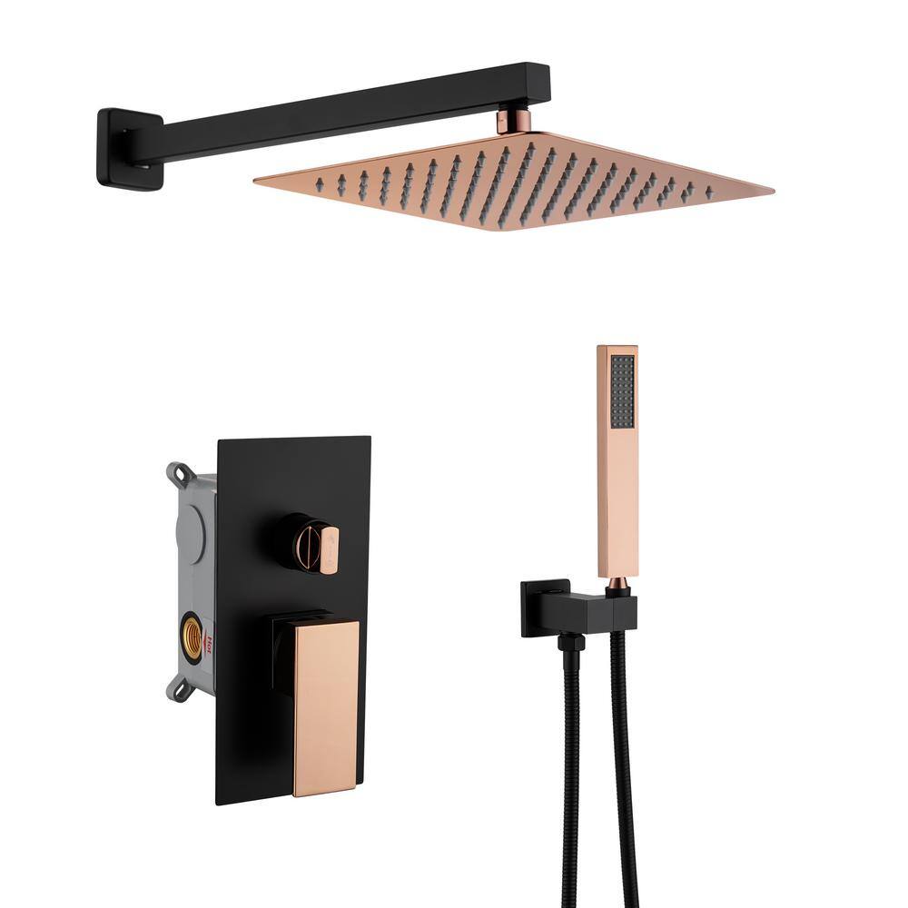 Mondawe Athens 2-Spray Patterns 10 in. Wall Mount Fixed and Handheld Shower Head 2.5 GPM in Black and Rose Gold Valve Included WF6360-10BRG