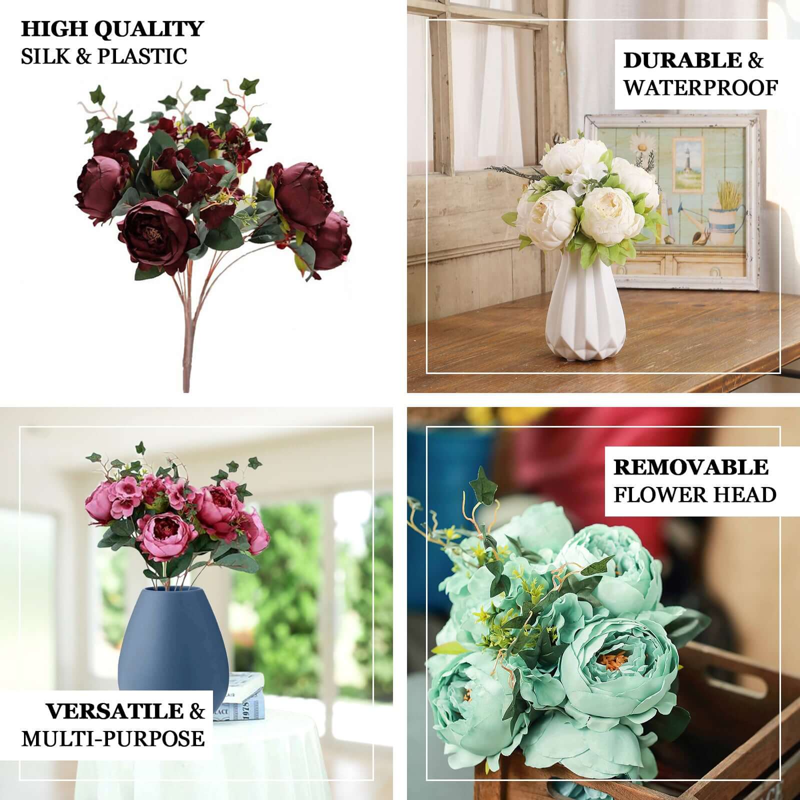 2 Bush Burgundy Artificial Silk Peony, Rose and Hydrangea Flower Bouquet