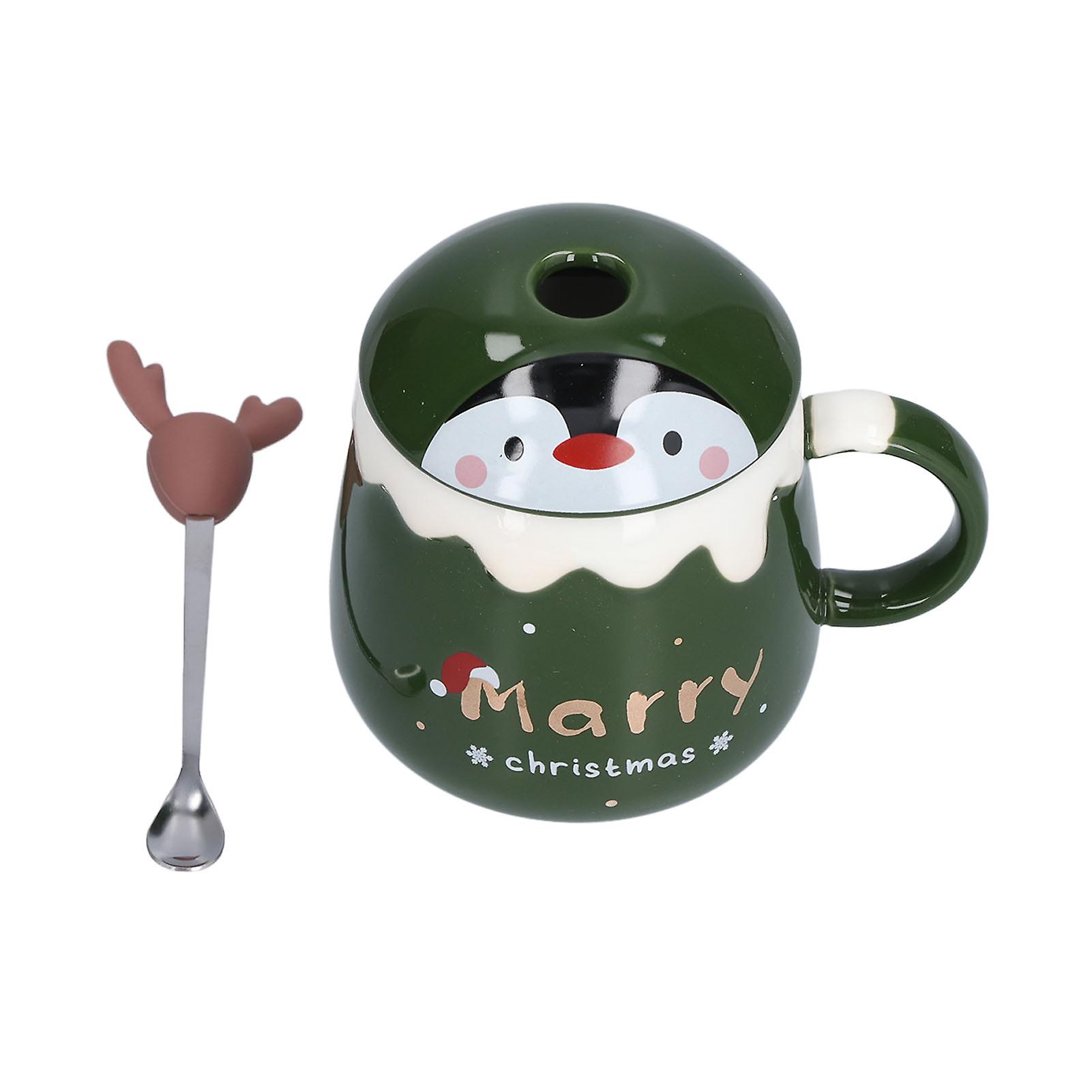 450ml Christmas Cup Cute Elk Coffee Mug Ceramic Tea Milk Cup with Lid Spoon for OfficeType B Green