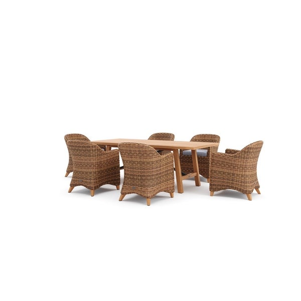 Winston Truss 7-Piece Natural Teak Fully Woven Vintage Earth Weave Captain's Chair and Teak Dining Table Dining Set -  - 32282834