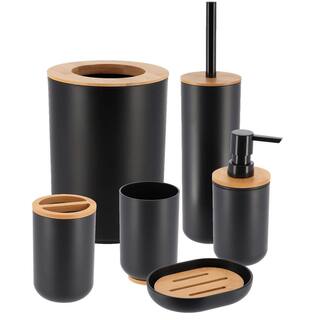 Padang 6-Pieces Bath Accessory Set with Soap Pump Tumbler Soap Dish and Toilet Brush Holder in Black and Bamboo SET6PADANG6174237