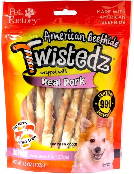 Pet Factory Twistedz 5-inch Beefhide Pork Flavored Twist Sticks Dog Hard Chews， 20 count