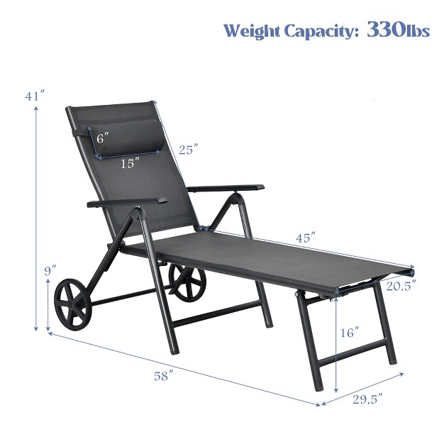 Costway 2pcs Patio Lounge Chair W Wheels Neck Pillow Aluminum Frame Adjustable