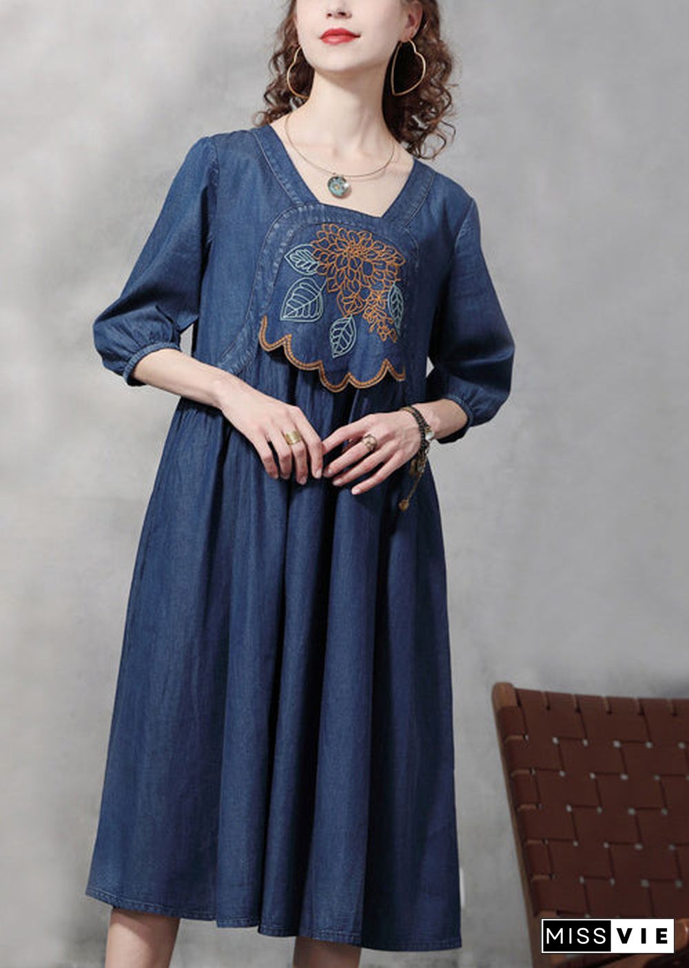 Modern Blue Square Collar Embroideried Cotton Denim Dresses Half Sleeve