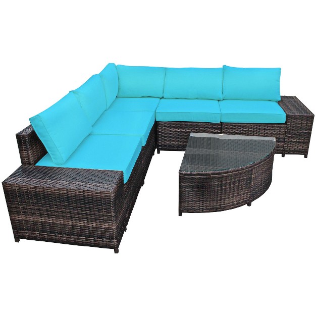 Tangkula 6 piece Outdoor Rattan Conversation Set Sectional Sofa Set With Arc shaped Table