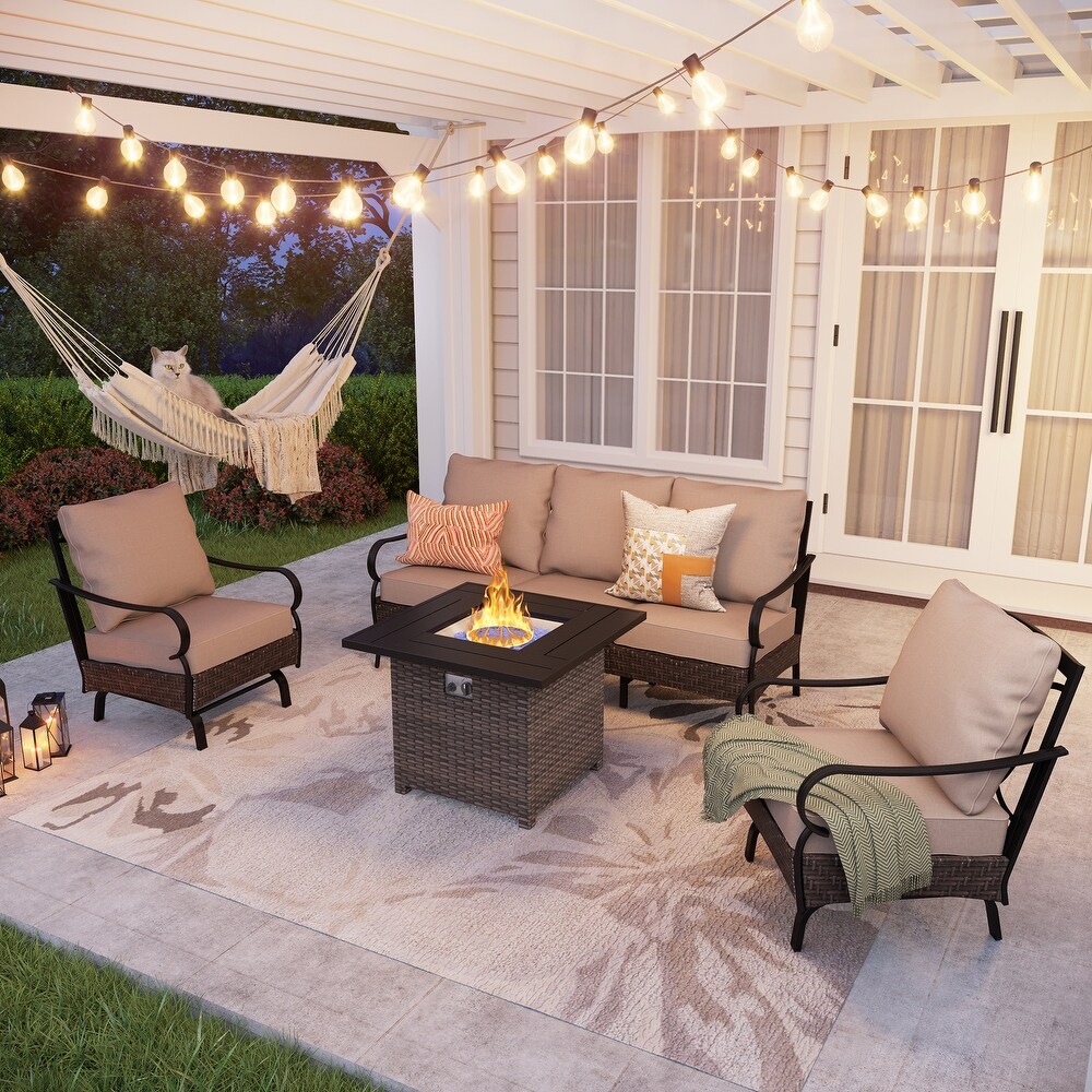 Wicker Patio Conversation Set with Gas Fire Pit Table