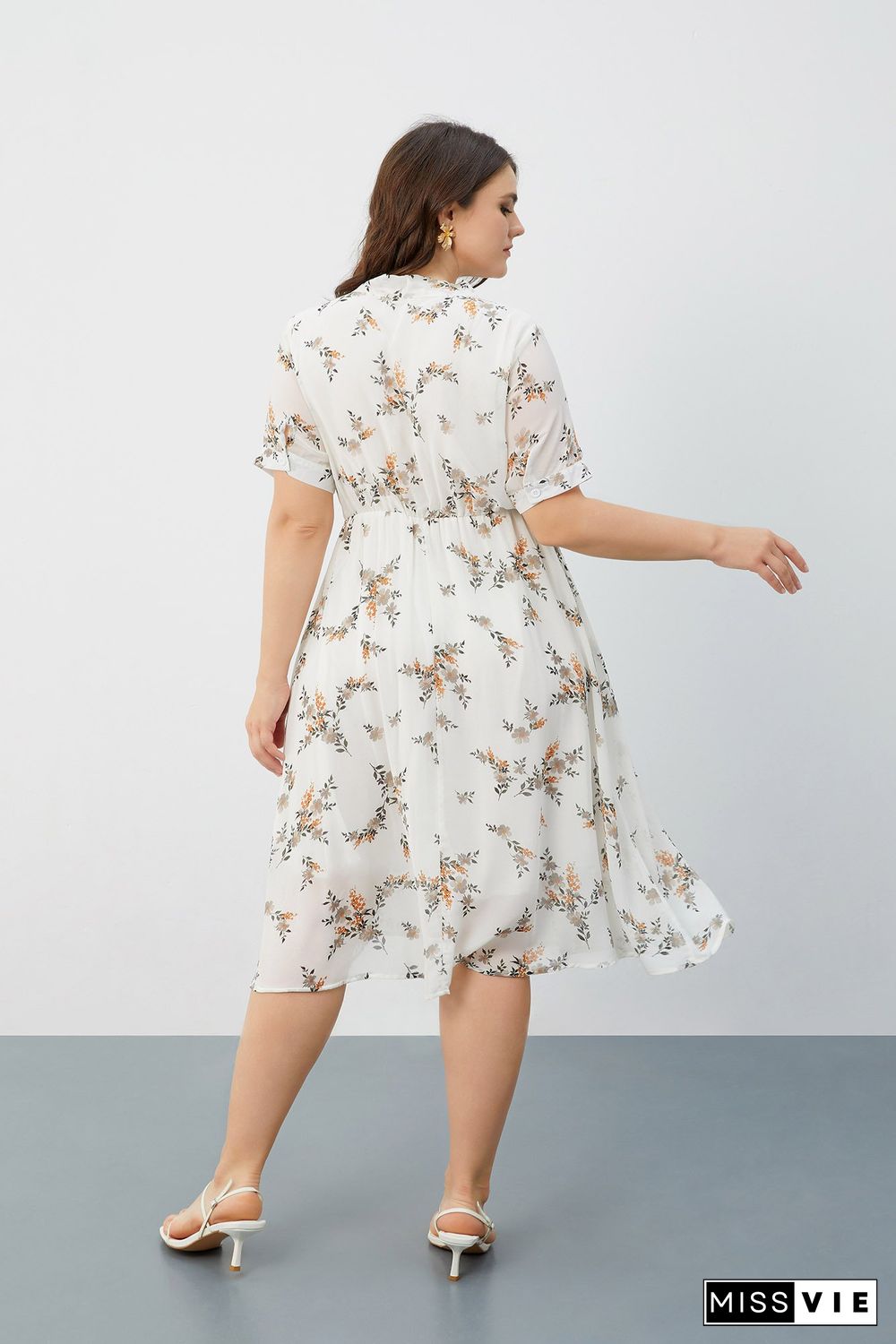 White Floral-print Tie-neck Midi Dress P16383