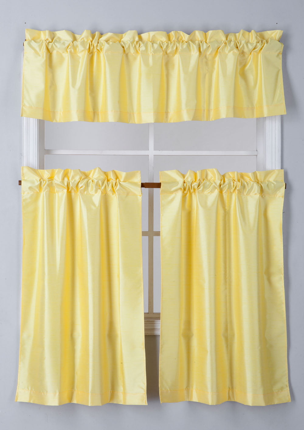 3-Piece 7LO YELLOW Blackout Rod Pocket Kitchen Curtain Set, Two (2) Geometric Design Tier Panels with One (1) Matching Swag Valance Included