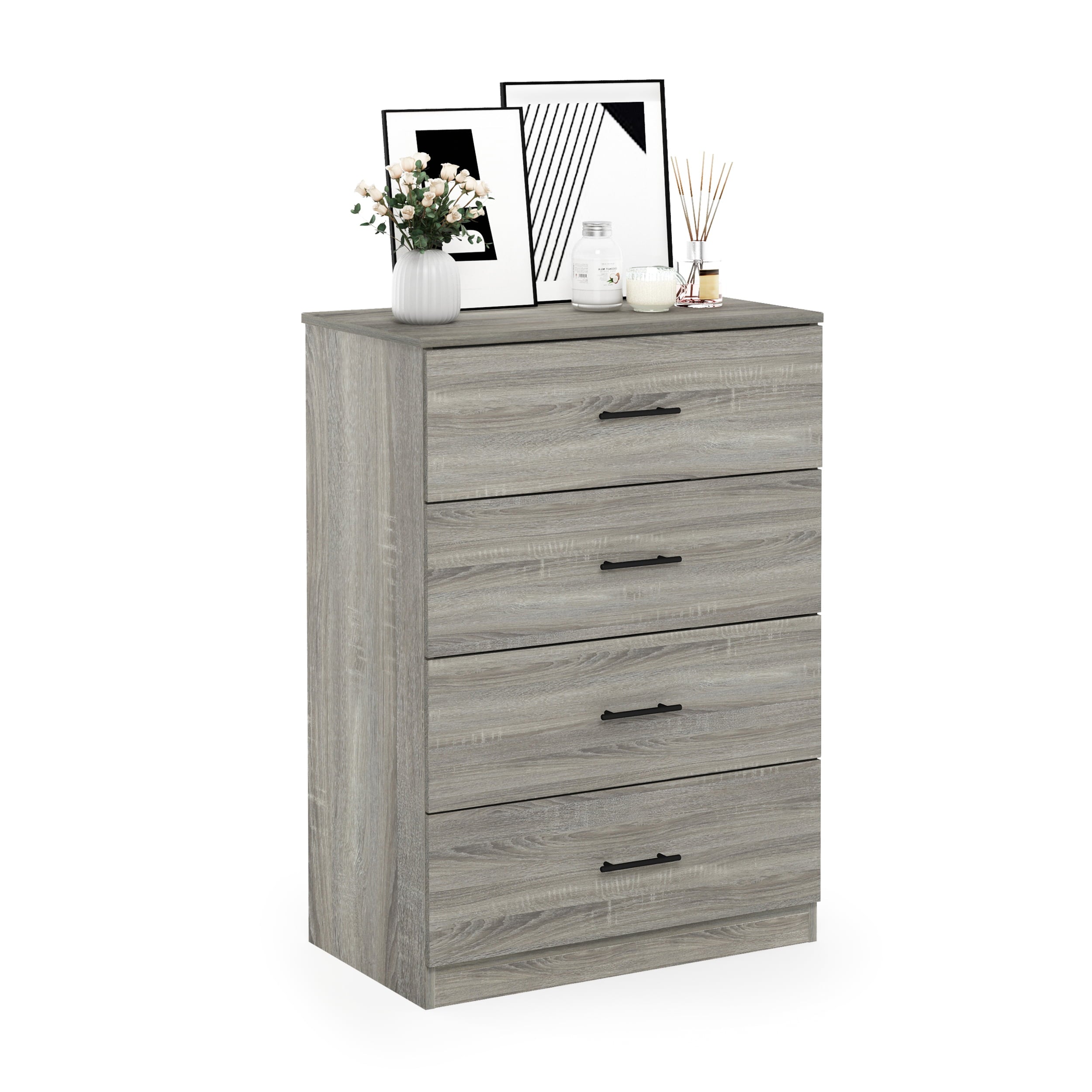 Furinno Tidur Simple Design 4-Drawer Dresser with Handle, French Oak Grey