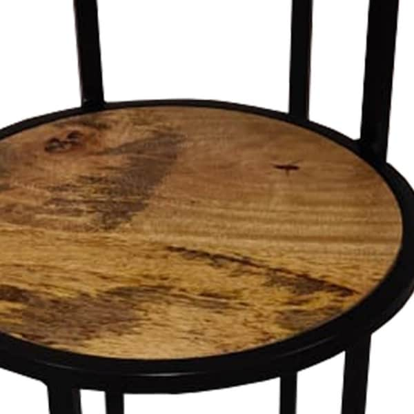 Two Tier Round Wooden Side Table with Metal Frame， Brown and Brass - 13 L X 20 W X 26 H Inches