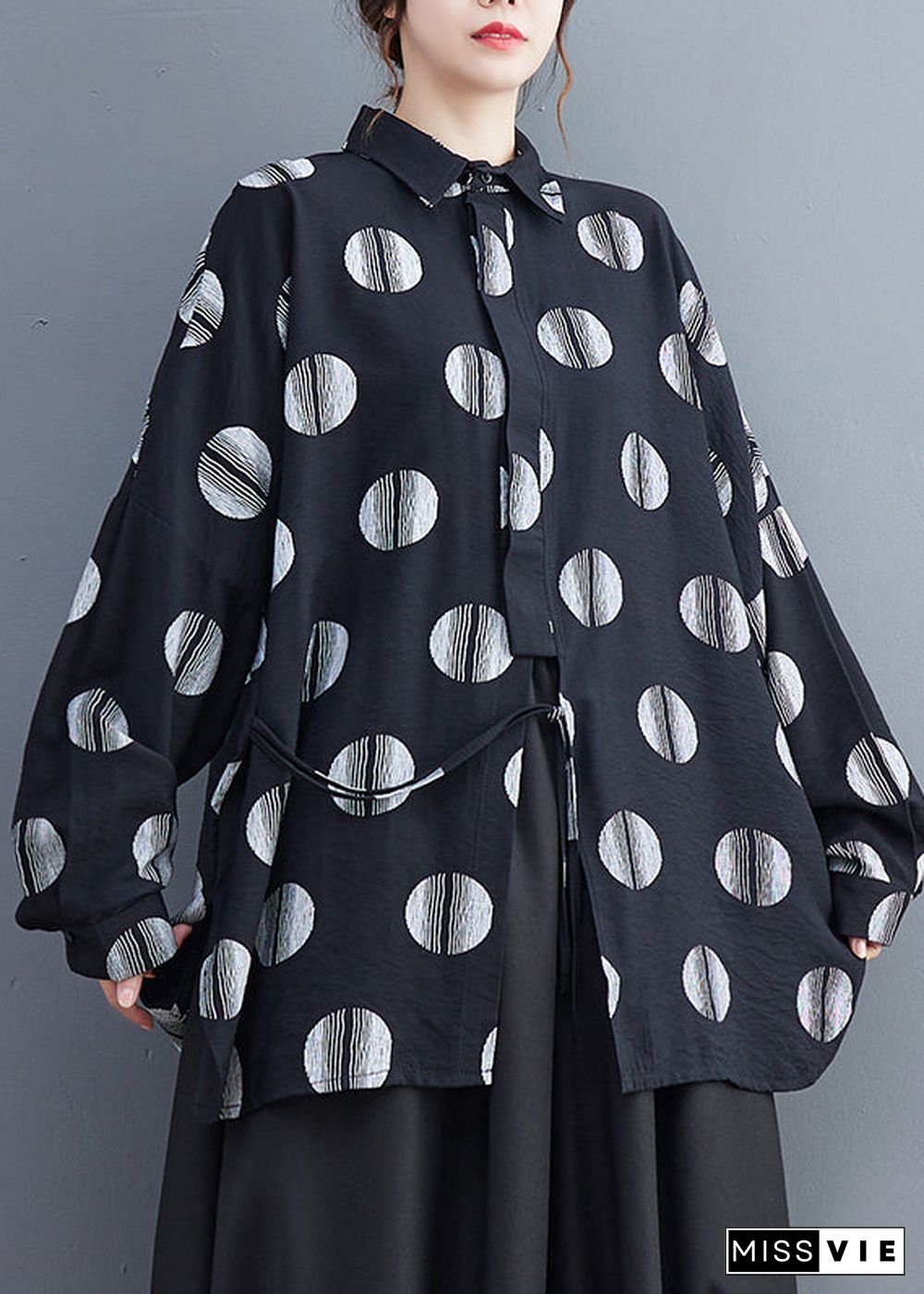 Fine Black Dot Print Patchwork Shirts Long Sleeve