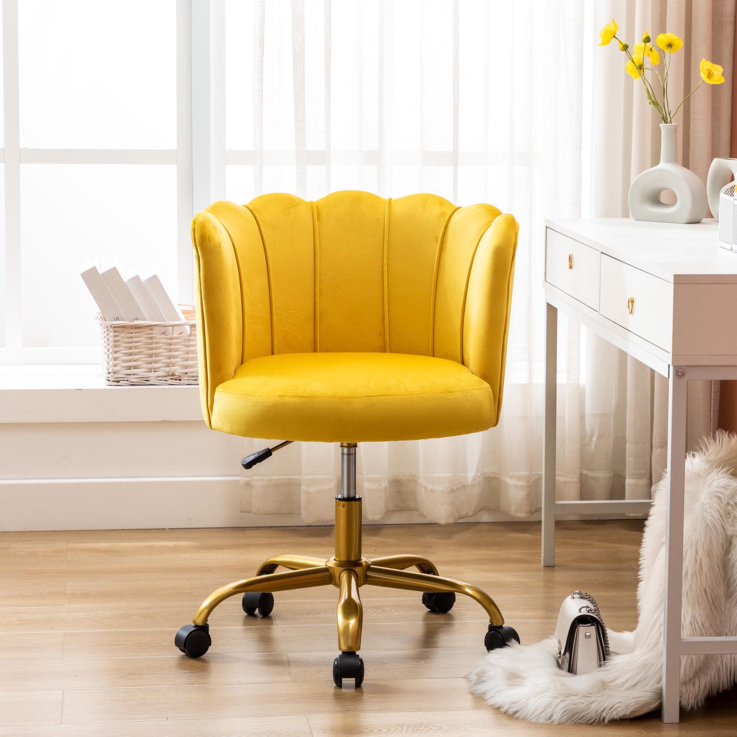 Office Task Chair， Comfortable Velvet Desk Chair Upholstered Swivel Rolling Vanity Chair Height Adjustable for Makeup Room， Living Room， Bedroom， Yellow