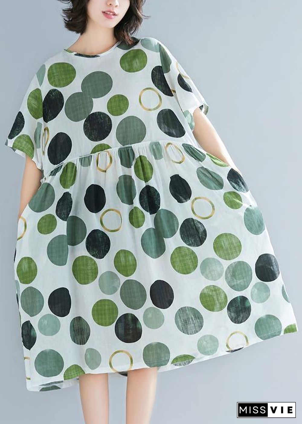 Art green dotted linen plus size Catwalk o neck short sleeve baggy Summer Dresses