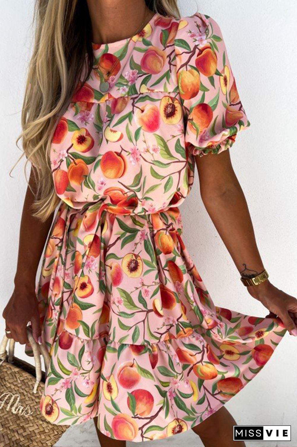 Fashion Elegant Floral With Belt O Neck A Line Dresses