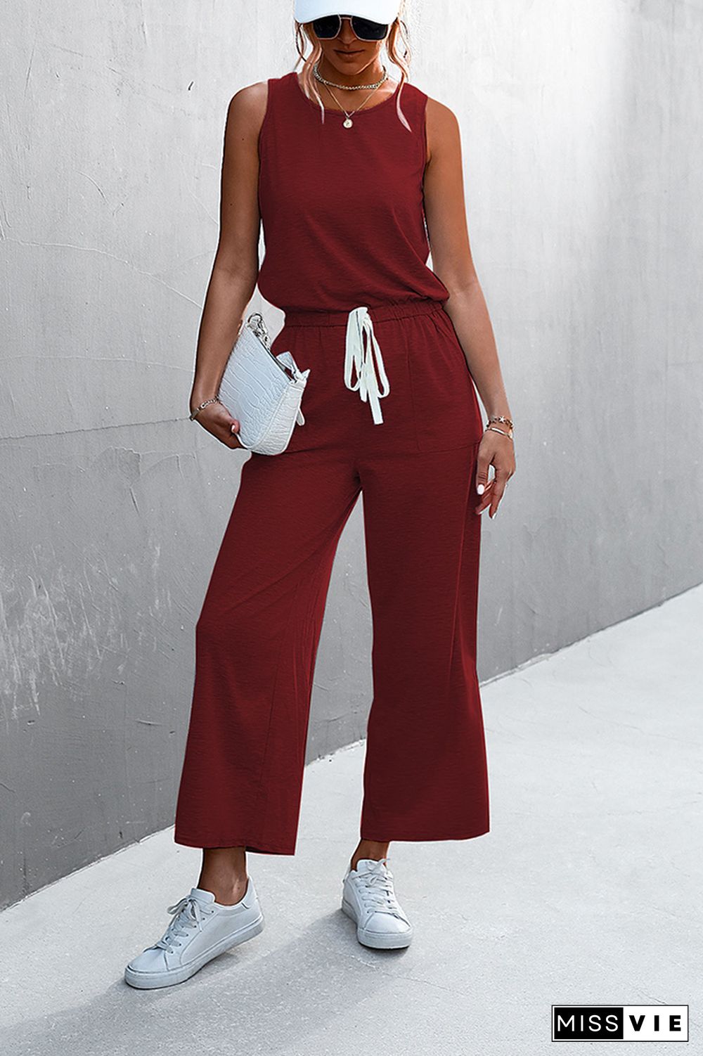 Solid Sleeveless Drawstring Waist Jumpsuit Wholesale