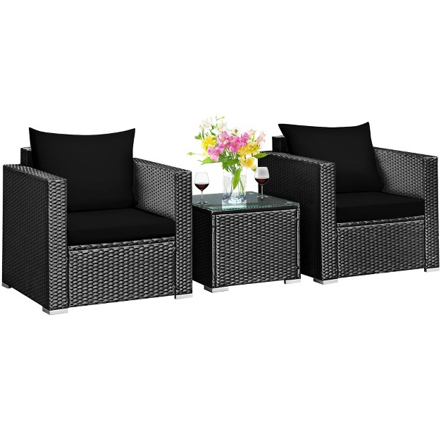 Costway 3pcs Patio Rattan Wicker Furniture Set Sofa Table W cushion Yard Red turquoise Navy black