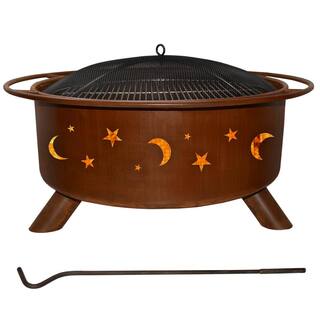 Evening Sky 29 in. x 18 in. Round Steel Wood Burning Fire Pit in Rust with Grill Poker Spark Screen and Cover F100