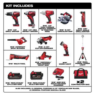 MW M18 18V Lithium-Ion Cordless Combo Kit (10-Tool) with (2) Batteries Charger (2) Tool Bags  M18 Dual Power Tower Light 2695-10CX-2131-20