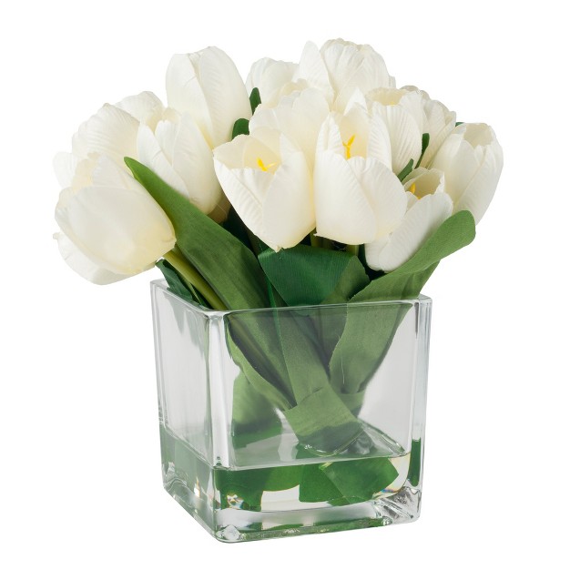 Nature Spring Tulip Floral Arrangement In Vase With 24 Artificial Flowers With Leaves In Decorative Clear Glass Square Bowl - Cream/green