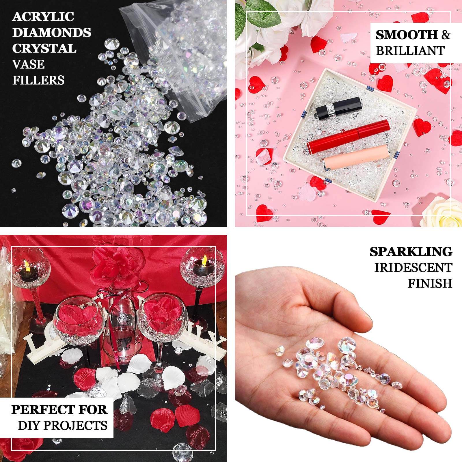 4000 Pcs Iridescent Acrylic Diamond Vase Fillers Table Scatters, DIY Craft Beads Wedding Table Confetti - 3mm, 6mm, 10mm