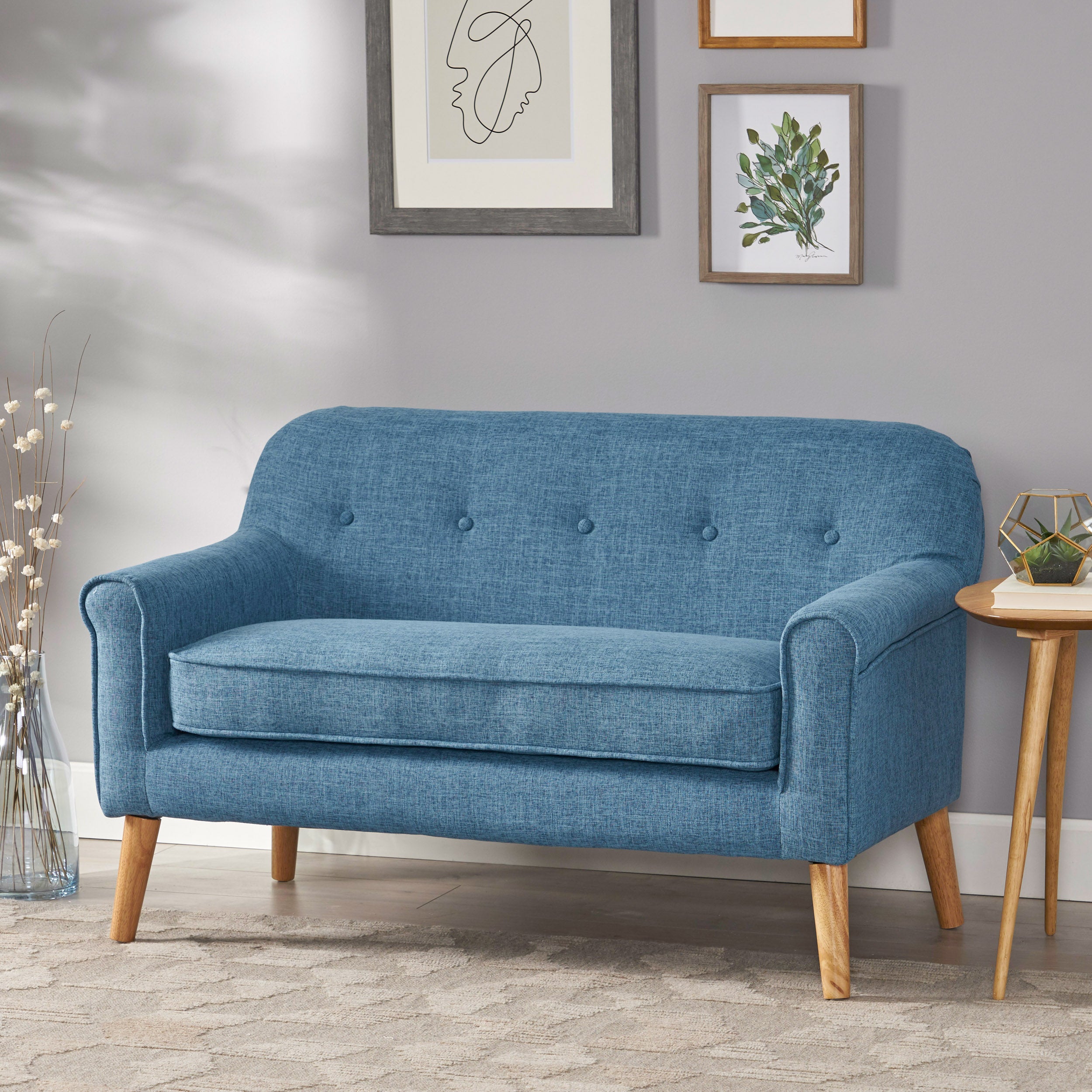 Mia Mid-Century Modern Button Tufted Fabric Upholstered Loveseat w/ Tapered Legs