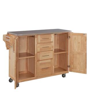 HOMESTYLES Natural Wood Kitchen Cart with Stainless Top and Breakfast Bar 5086-95