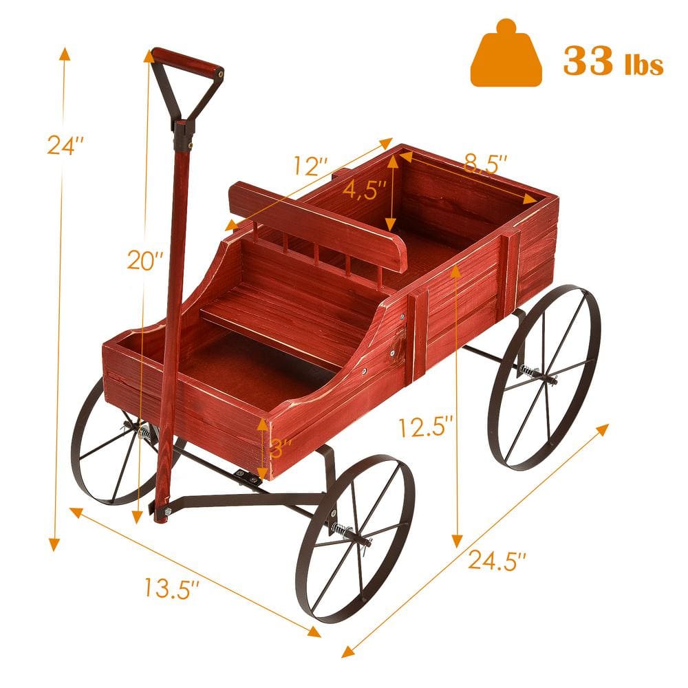 HONEY JOY Wooden Garden Flower Planter Wagon Wheel Plant Bed Decorative Garden Planter for Backyard Garden Red TOPB004891